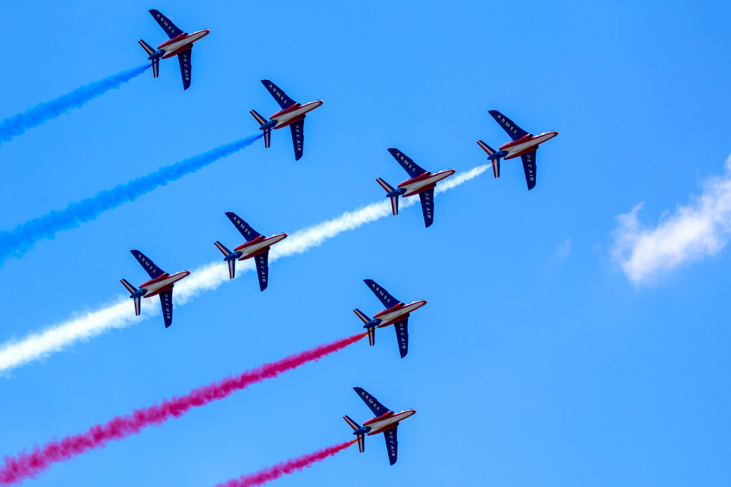 Patrouille de France flying aerobatic demonstration team performing at the Paris Air Show. France - June 21, 2019